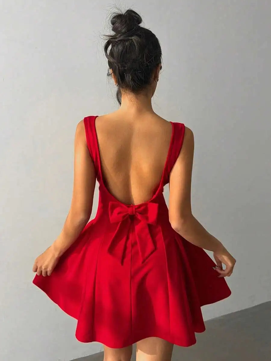 Red Backless Mini Dress with Bow Detail and Square Neck