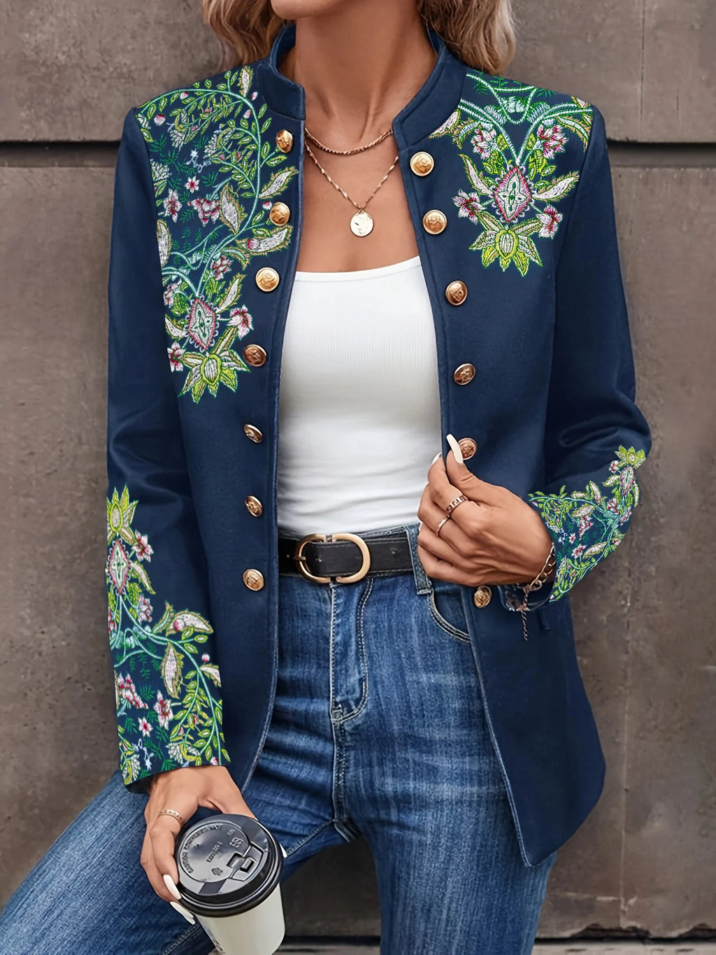 Fashionable and elegant retro small stand collar floral embroidery double-breasted women's long-sleeved jacket, suitable for par