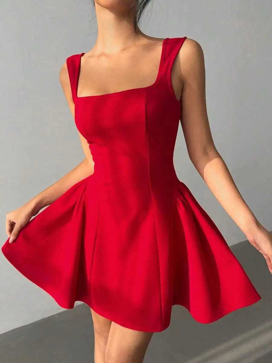Red Backless Mini Dress with Bow Detail and Square Neck